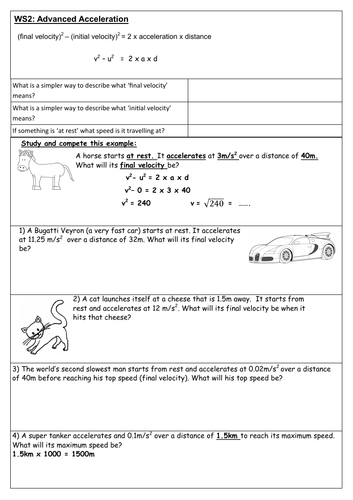 NEW GCSE (9-1) v2-u2 = 2as equation scaffolded worksheets with answers. (v2-u2=2ad)