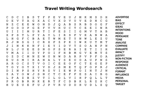 Travel Writing Key Words Word Search