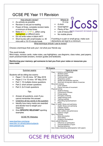 Edexcel GCSE PE Year 11 Revision/Exam handout