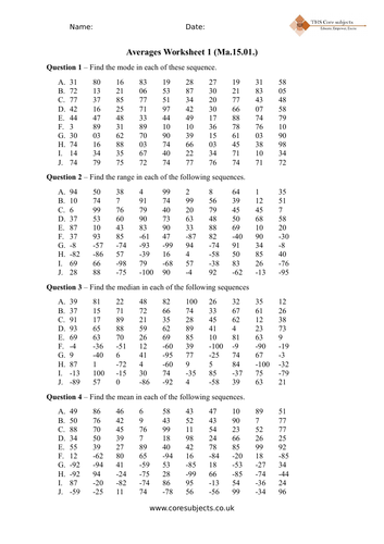 Foundation Averages worksheet (Ma.05.01)