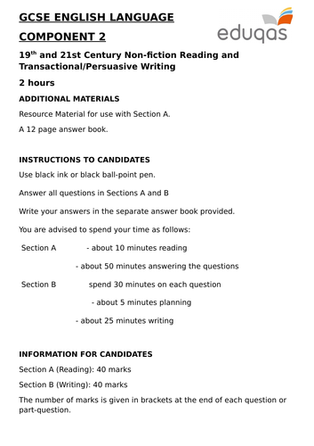 Eduqas GCSE English Language - Component 2 - Practice Examination Paper (Reading and Wri
