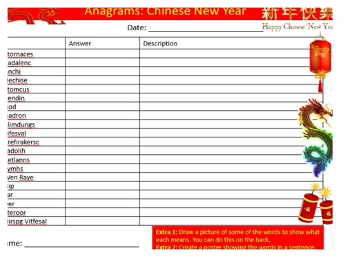 Chinese New Year Anagrams Sheet Keywords KS3 Settler Starter Activity Cover Lesson