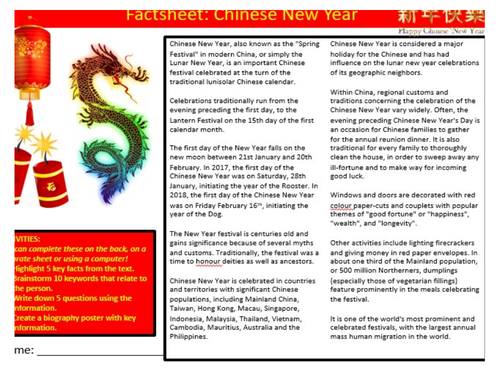Chinese New Year Factsheet Sheet Keywords KS3 Settler Starter Activity Cover Lesson