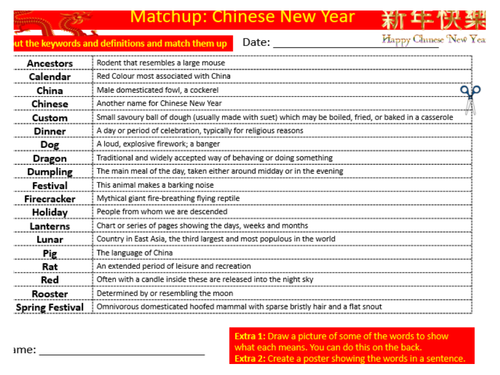 Chinese New Year Definitions Matchup Sheet Keywords KS3 Settler Starter Activity Cover Lesson