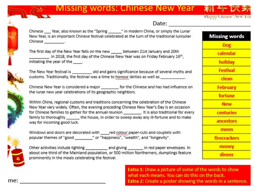 Chinese New Year Missing Words Cloze Sheet Keywords KS3 Settler Starter Activity Cover Lesson