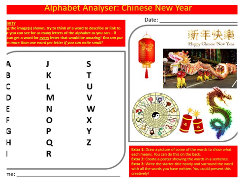 Chinese New Year Alphabet Analyser Sheet Keywords KS3 Settler Starter Activity Cover Lesson