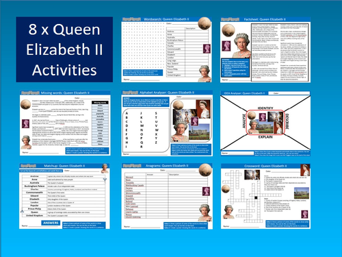 8 x Queen Elizabeth II Starter Activities Keywords Wordsearch Crossword Countries History