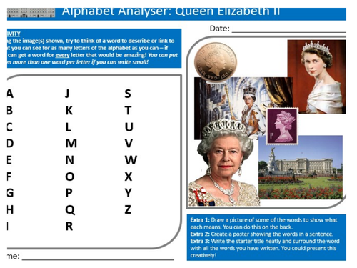 Queen Elizabeth II Alphabet Analyser Sheet Keywords KS3 Settler Starter Activity Cover Lesson
