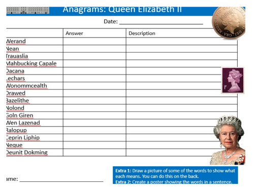 Queen Elizabeth II Anagrams Sheet Keywords KS3 Settler Starter Activity Cover Lesson