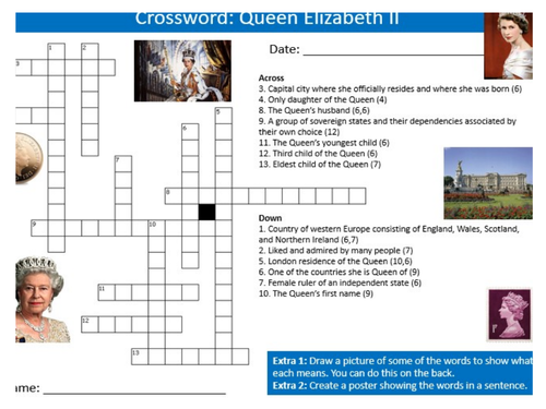Queen Elizabeth II Crossword Sheet Keywords KS3 Settler Starter Activity Cover Lesson