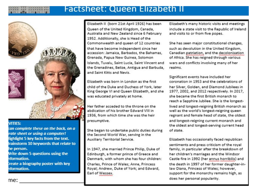 Queen Elizabeth II Factsheet Sheet Keywords KS3 Settler Starter Activity Cover Lesson