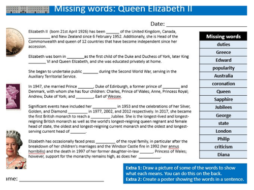 Queen Elizabeth II Missing Words Cloze Sheet Keywords KS3 Settler Starter Activity Cover Lesson