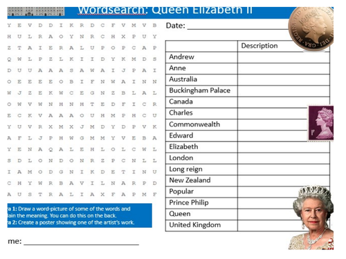 Queen Elizabeth II Wordsearch Sheet Keywords KS3 Settler Starter Activity Cover Lesson