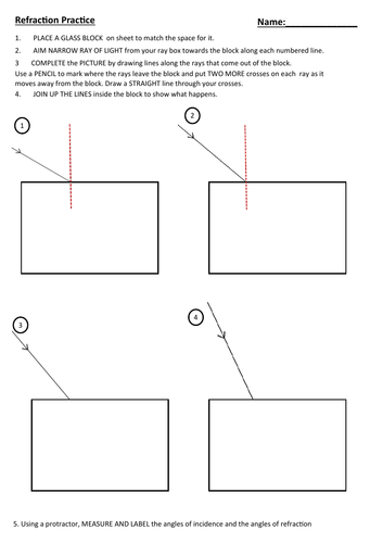 Physics Refraction practical - scaffolded worksheet with instructions