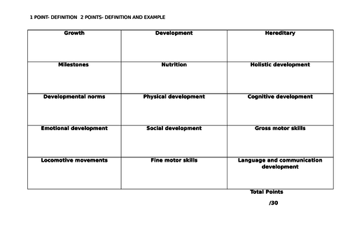 Unit 1 Patterns of Child Development- key words grid