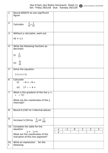 maths homework year 8