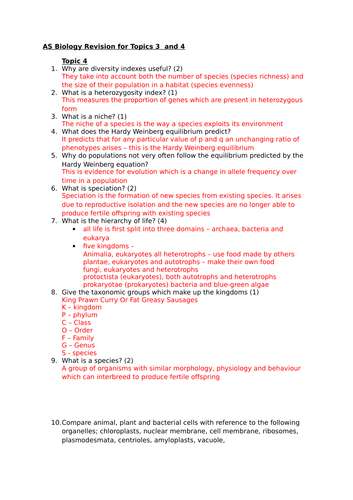 Edexcel AS Biology, SNAB Topics 3 and 4 revision questions with answers - current spec