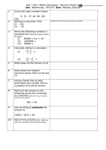 year 7 higher maths revision homework sheets teaching resources