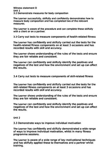 V CERT Health and fitness Level 2 Witness statement sentences for Unit 1, 2, 4.