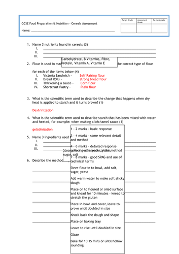 GCSE FOOD PREP - Cereals ASSESSMENT