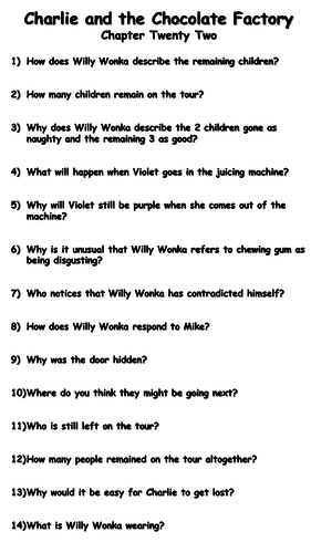 Charlie And The Chocolate Factory Chapter Twenty Two Reading Comprehension Questions Teaching Resources