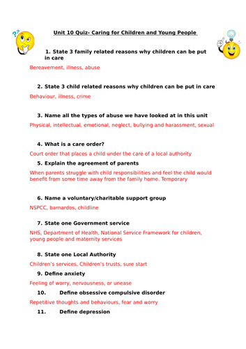 Unit 10 Caring for Children and Young People- End of unit quiz