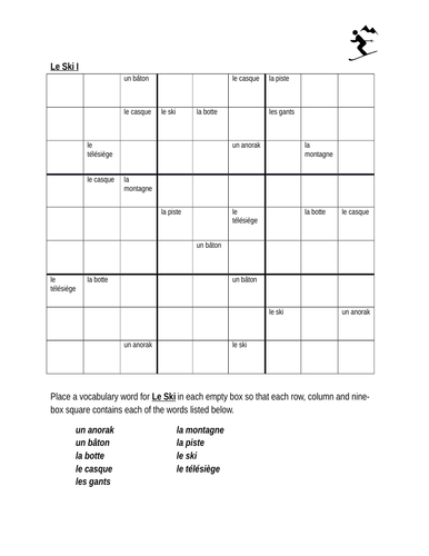 Ski Skiing In French Sudoku Teaching Resources