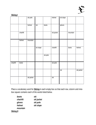 Skiing In English Sudoku Teaching Resources