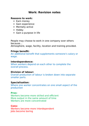 AQA GCSE ECONOMICS UNIT 11: Work revision notes