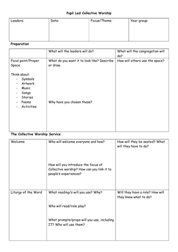 Pupil Led Collective Worship KS2 planning template
