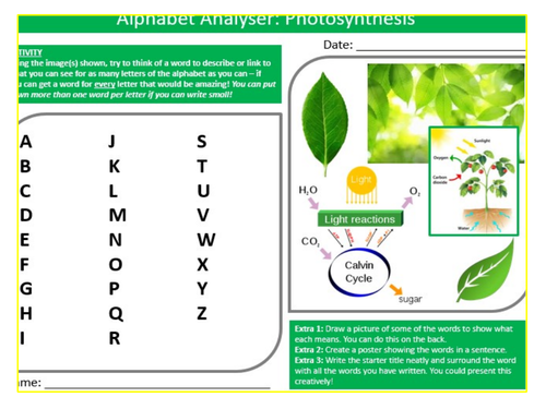 Photosynthesis Alphabet Analyser Sheet Keywords KS3 Settler Starter Cover Lesson Science Biology