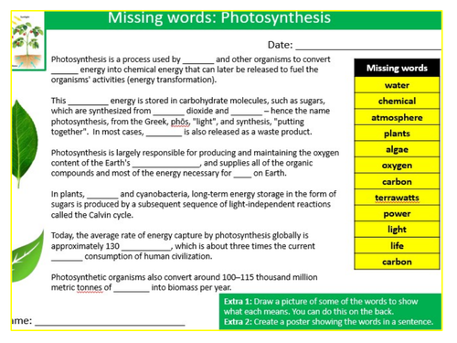 Photosynthesis Missing Words Cloze Sheet Keywords KS3 Settler Starter Cover Lesson Science Biology