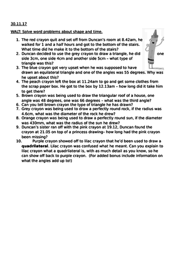 The Day the Crayons Quit Maths problems (shape,angles, time Y5)