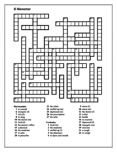 Bienestar (Health in Spanish) Crossword