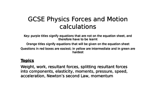GCSE physics forces and motions calculations revision sheets