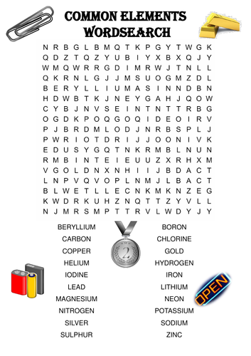 Chemistry word search Puzzle: Common elements (Includes solution)