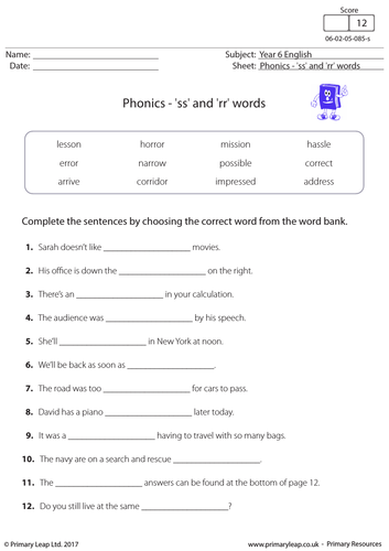 KS2 Phonics - 'ss' and 'rr' words