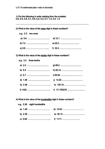 Place Value in decimals