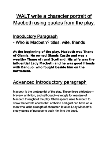 Writing a character portrait of Macbeth - example paragraphs,
