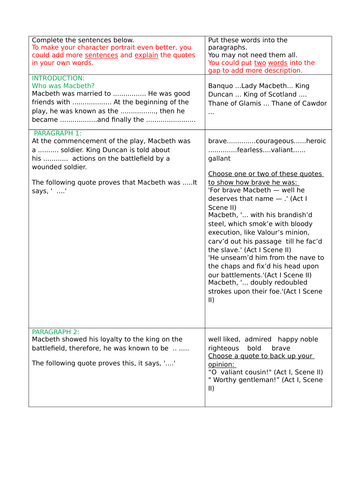 A worksheet pack aiding pupils to write a character portrait of Macbeth with quotes from the orignal