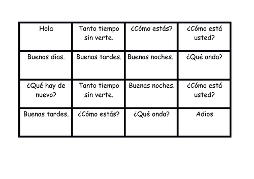 Spanish Greetings Bingo