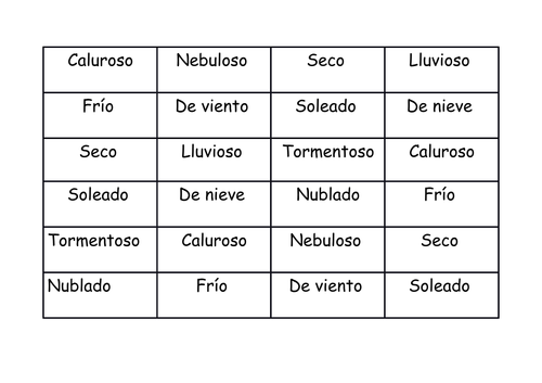 Weather Bingo Spanish