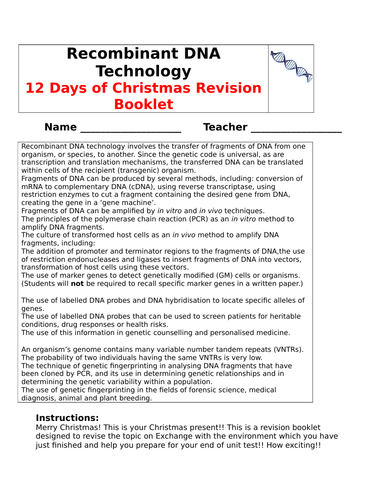 AQA A LEVEL BIOLOGY - RECOMBINANT DNA TECHNOLGY REVISION BOOKLET