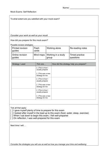 Mock Exam - Self Reflection Sheet (Editable)