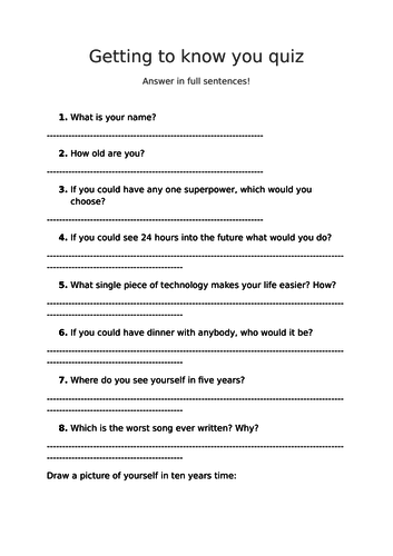 'Getting to know you' question sheet - Icebreaker