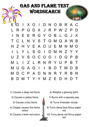 Chemistry word search Puzzle: Gas and flame tests (Includes solution)