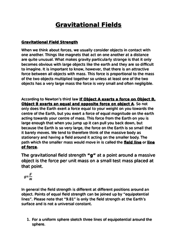 Answers to Gravitational Fields Booklet