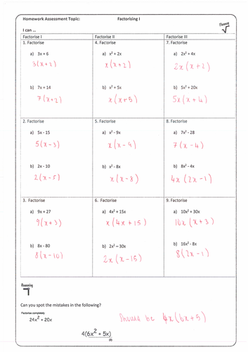 Factorising Single Brackets Homework with Answers