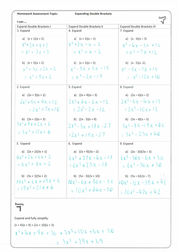 Expanding Double Brackets Homework Sheet with Answers