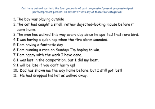 Progressive and perfect tenses sorting activity